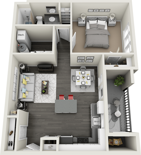 Floor plan for 1 bed, 1 bath, 689 sqft